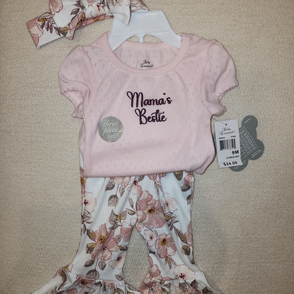 Baby Girls 3-Piece Matching Set - Pink Floral "Mama's Bestie"